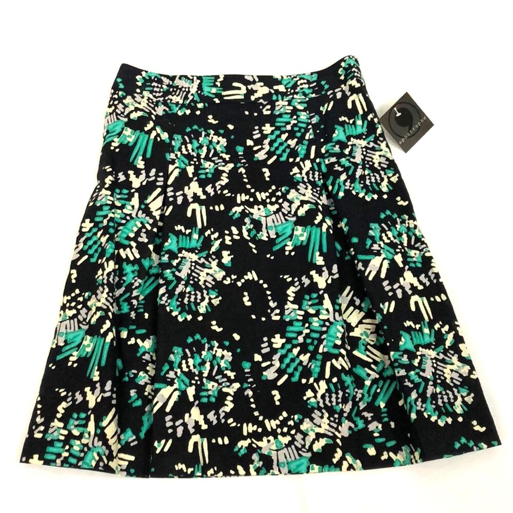 Linen Cotton Skirt Floral Pleated Midi Black Turquoise size 2 NEW